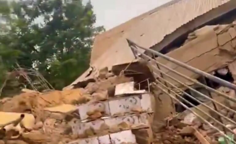 Fallen masonry, broken blocks and tangled roofing sheets from the collapsed two-storey shopping complex in Owode-Ede, Osun State.
