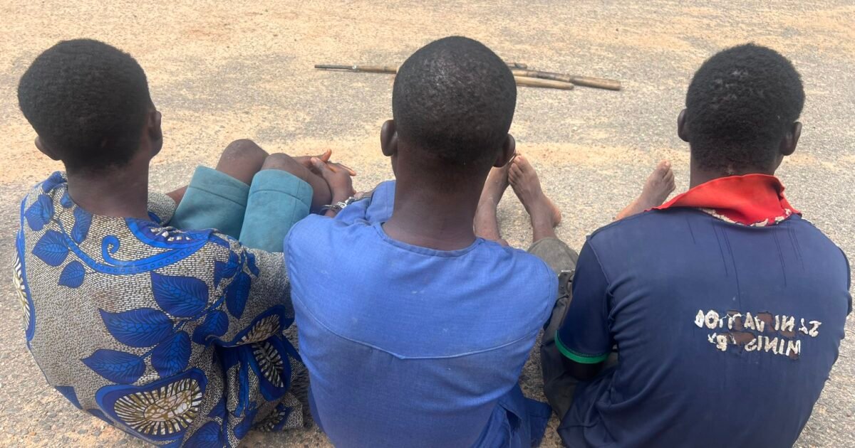 Three men seated with their backs to the camera after arrests in Oyo State.