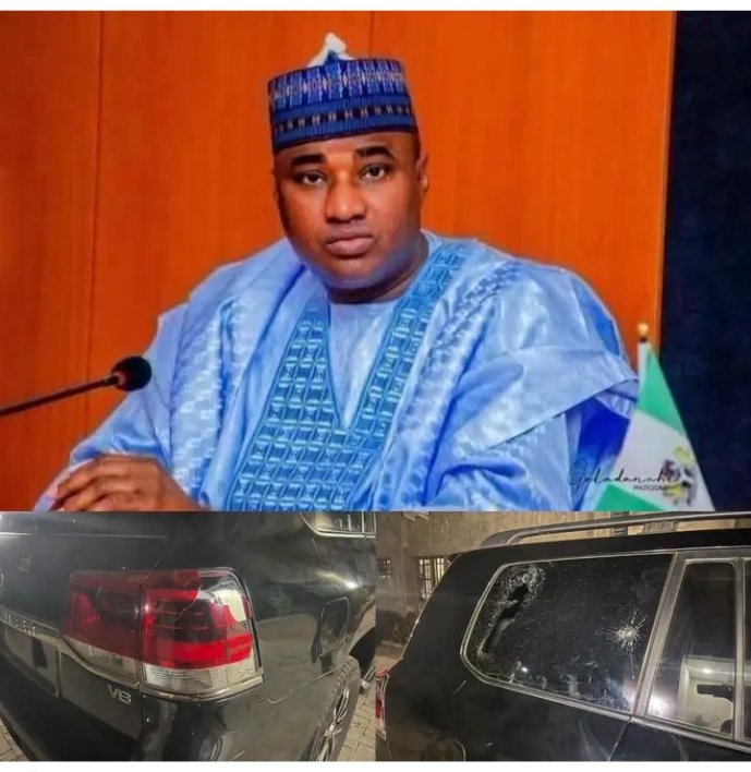 Montage: ADC governorship candidate Manir Muhammad Dam'iya in traditional attire, and two shots of his damaged convoy vehicle — a rear bumper panel and a side window with a shatter hole.