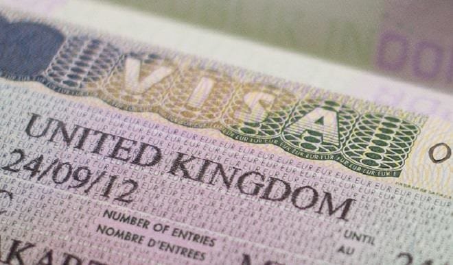 Close-up photograph of a United Kingdom visa document.