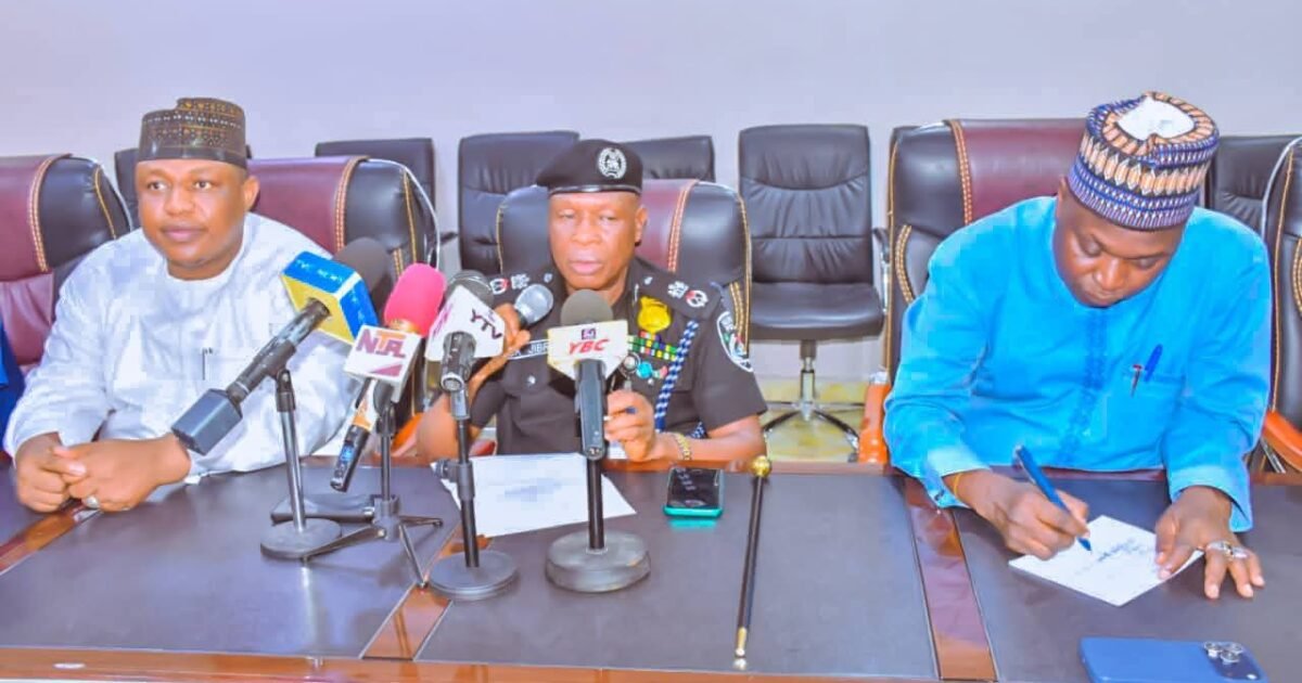 Yobe Commissioner of Police Usman Jibrin, centre, speaking at an earlier briefing in Damaturu.